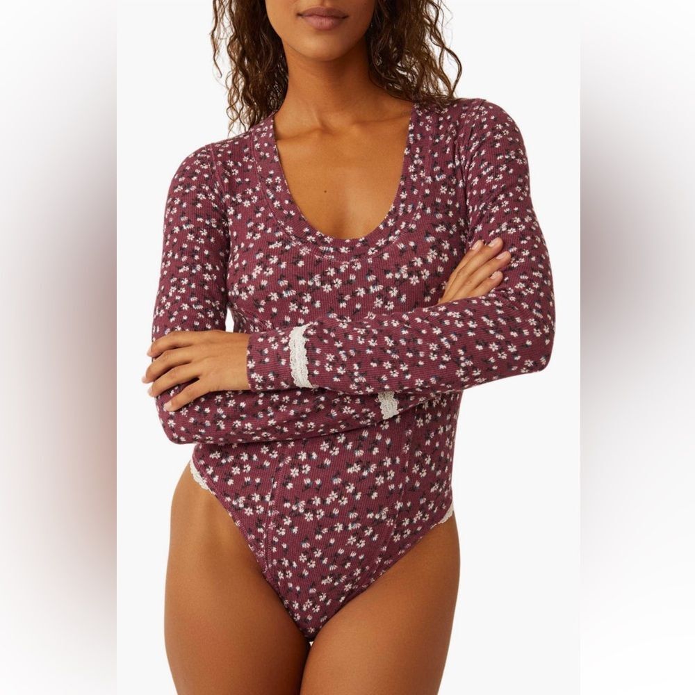 Free People Plum Floral Long Sleeve Bodysuit